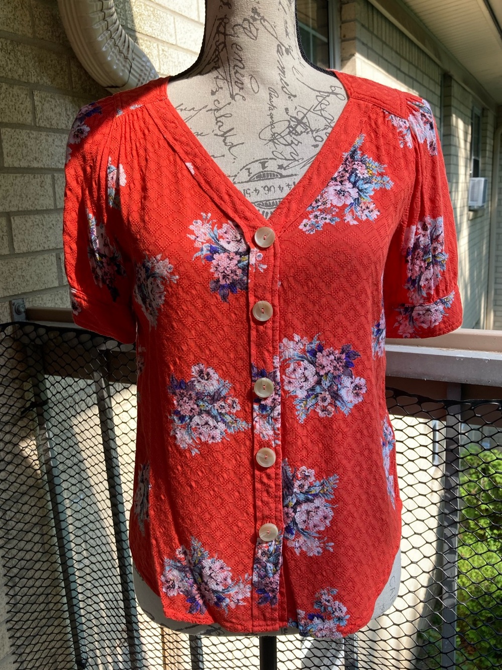Maeve Anthropologie Orange Textured Blouse Pink Florals